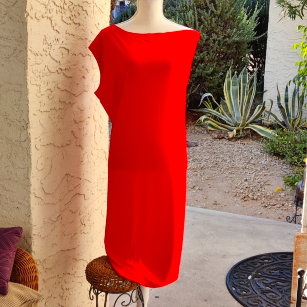 Norma Kamali Fire Engine Red Drop Shoulder Dress, Size L